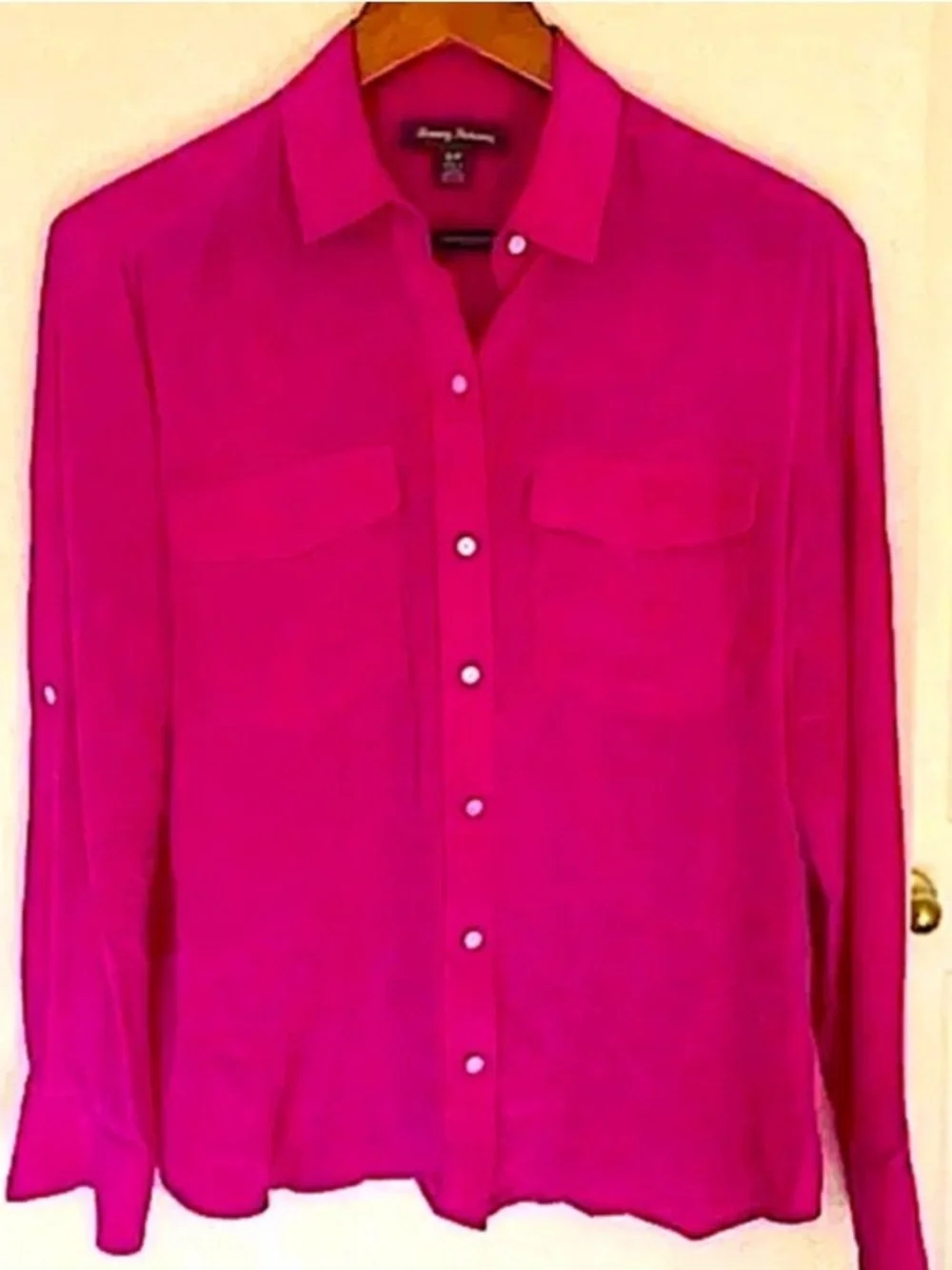 Tommy Bahama Silk Magenta “June” Relaxed Fit Button Down Blouse - Picture 2 of 7
